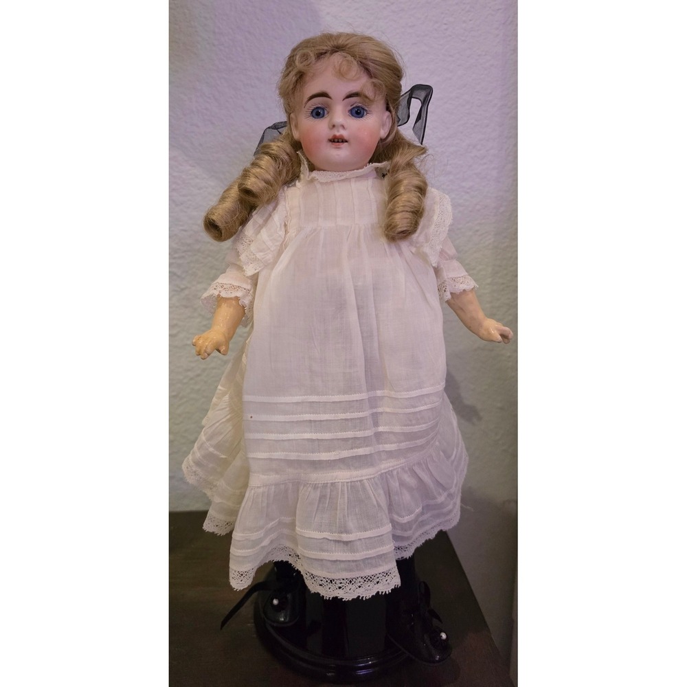 Bisque Head Doll Blue Glass Eyes Blonde Curls Victorian Lace Dress Vtg Antique